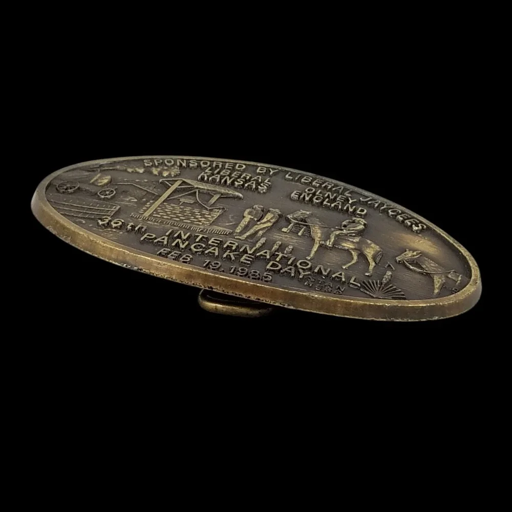 Liberal Jaycees Belt Buckle International Pancake Day 1985 Solid Brass Stan Herd